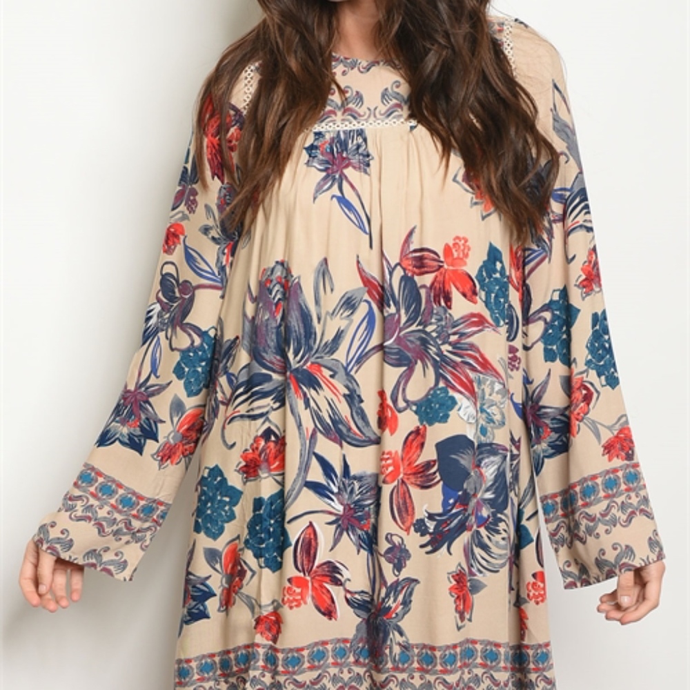 BOHO TAUPE FLORAL PRINT DRESS - Picture 2 of 6